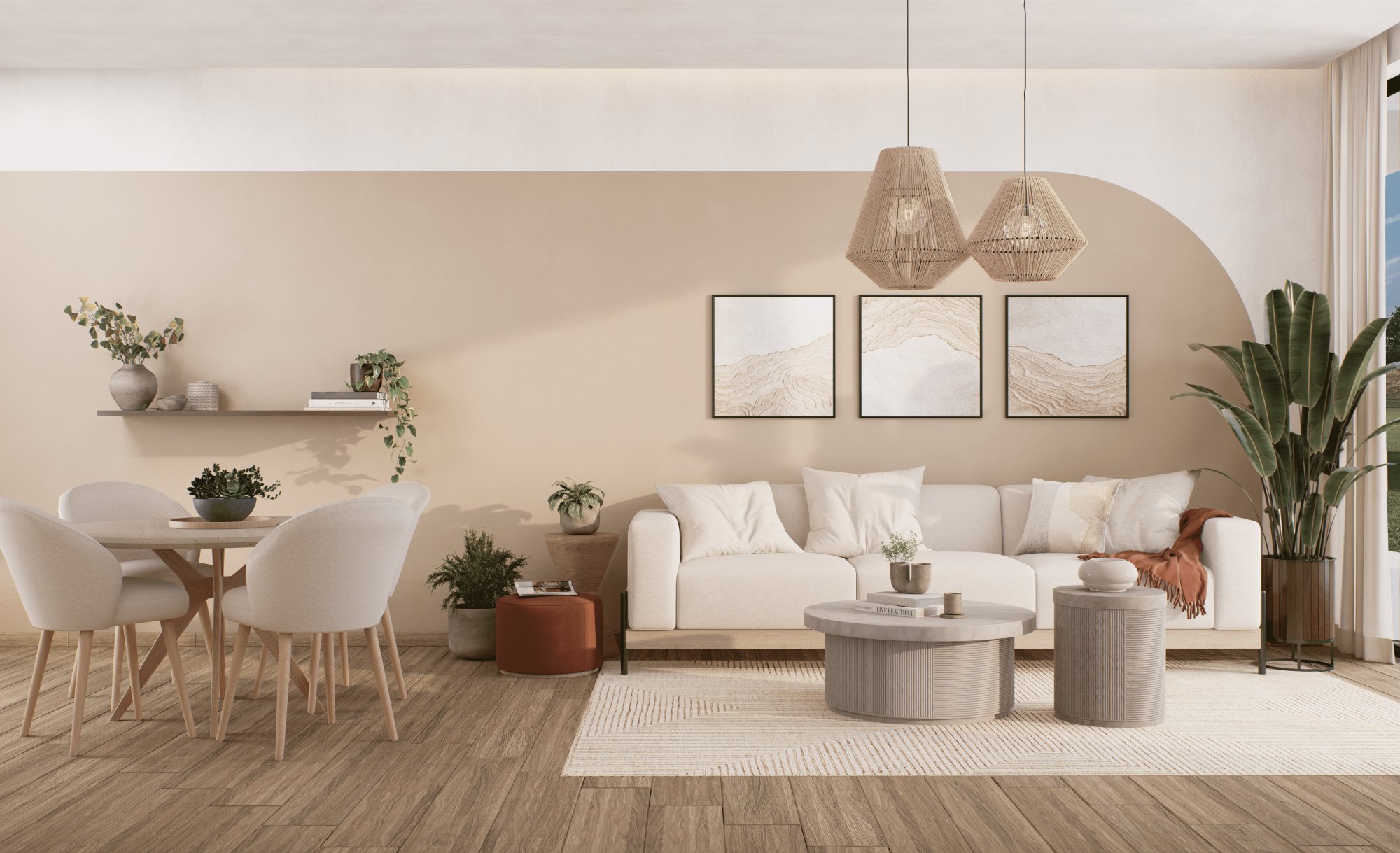 Rendering of a furnished living and dining room at Riviera Bay, Cana Bay — one of 110 residences delivered ready to live in, from 720 sq ft.