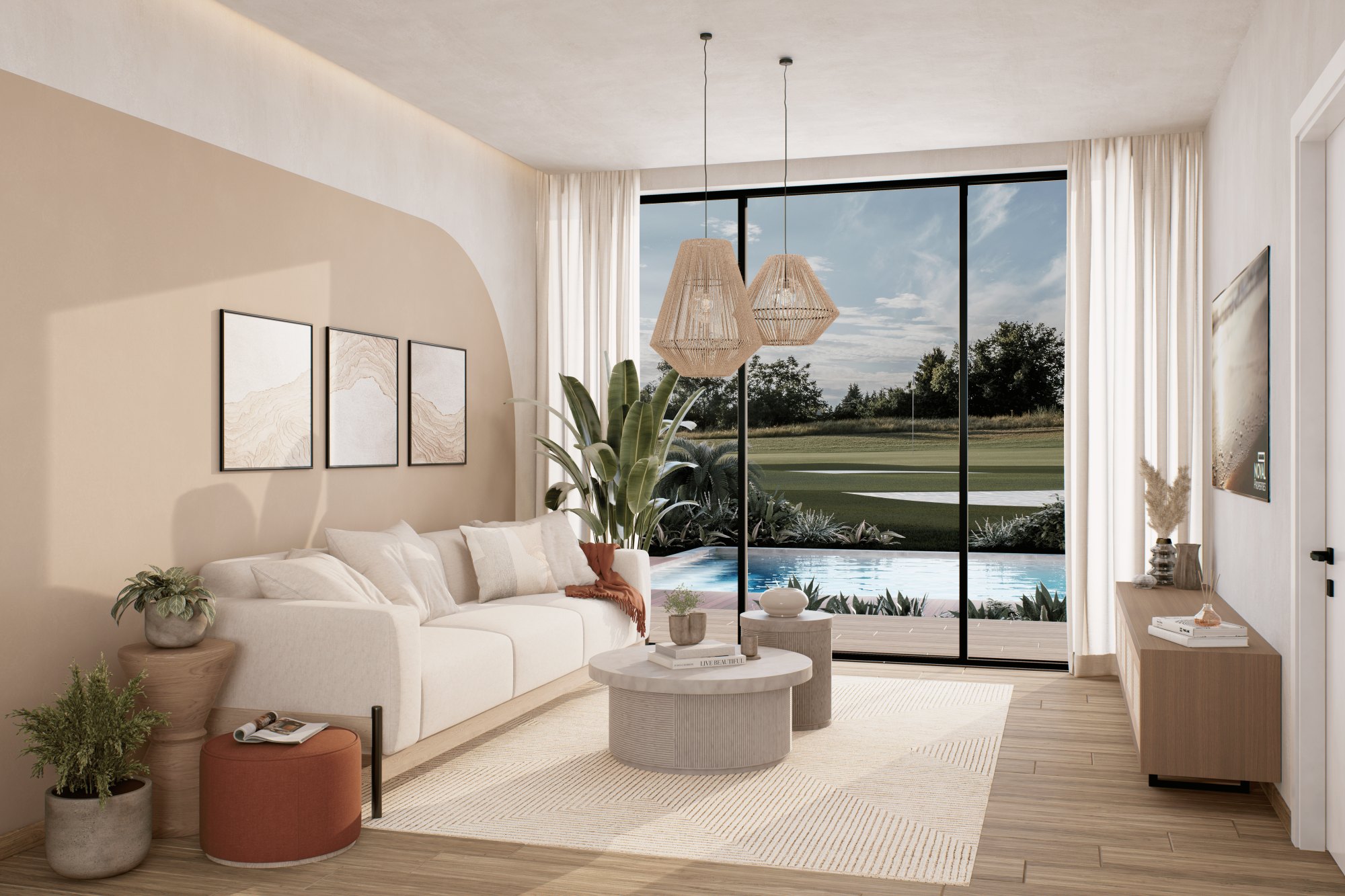 Rendering of a Riviera Bay living room, sliding doors open to the golf course — the layout published at roughly 1,211 sq ft at this Cana Bay development.