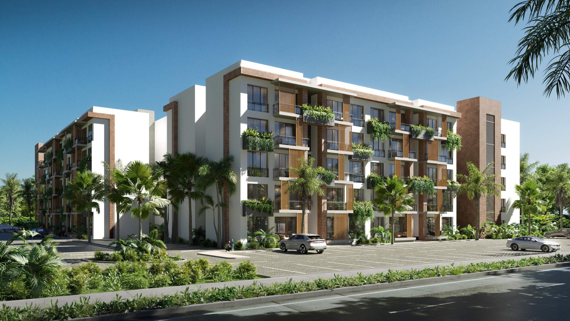 Daytime rendering of the street front at Riviera Bay, Cana Bay: a building of 110 furnished residences that a foreign buyer can own in their own name.